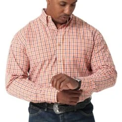 Wrangler Mens Riata Long Sleeve Plaid Button Down Shirt -Cinc Clothing Shop 112316671 ORANGE 01