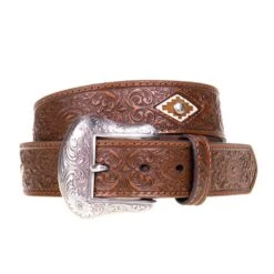 Men`s Tooled Scroll Leather Belt W/ Diamond Cutout Detailing