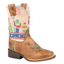 Roper Footwear Kids Waxy Brown Leather Printed Cactus Cowgirl Boot
