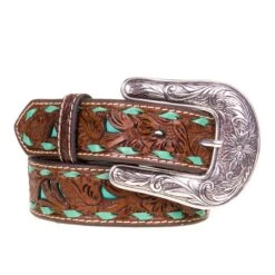 Youth Floral Tooled Belt With Turquoise Underlay And Buckstitch