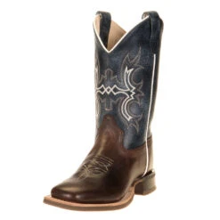 Old West Youth Wipe Out Blue Shaft Brown Foot Cowboy Boots