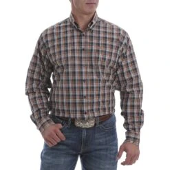 Cinch Mens Khaki/Navy L/S Plaid Shirt
