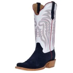 R Watson Boots Men's Midnight Blue Roughout 13in. Winter White Cowhide Top Cutter Toe Cowboy Boots