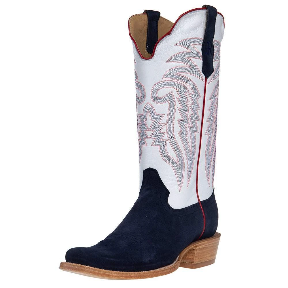 R Watson Boots Men's Midnight Blue Roughout 13in. Winter White Cowhide Top Cutter Toe Cowboy Boots 3 R Watson Boots Men's Midnight Blue Roughout 13in. Winter White Cowhide Top Cutter Toe Cowboy Boots