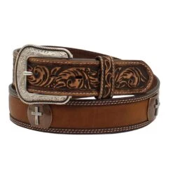 Men's Floral Belt With Cross Concho