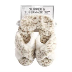 Women's Mud Pie Cream Leopard Slipper And Mask Set