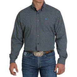 Cinch Men's Black And Royal Blue Geo Print Long Sleeve Buttondown