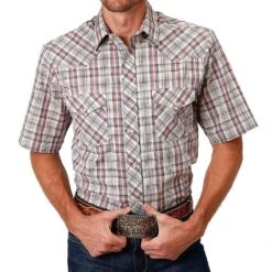 Roper Men's Short Sleeve Red Black & Grey Plaid Shirt
