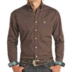 Panhandle Men's Roughstock Brown Printed Buttondown