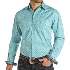 Panhandle Men's Roughstock Tuquoise Printed Double Pocket Snap Shirt