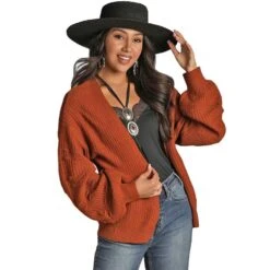 Women's Rock N Roll Cowgirl Rust Open Front Cardigan