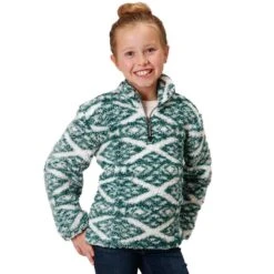 Roper Girl's Green Aztec Printed 1/4 Zip Polar Fleece Pullover