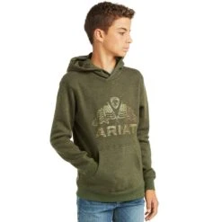 Ariat Boy's Olive Double Flag Basic Hooded Sweatshirt