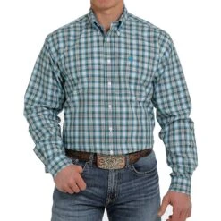 Cinch Men's White & Teal Plaid Long Sleeve Buttondown