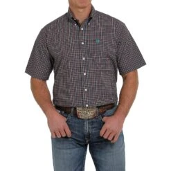 Cinch Men's Navy & Red Plaid Short Sleeve Buttondown