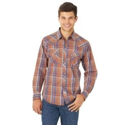 Wrangler Men's Long Sleeve Brown And Blue Plaid Snap Shirt