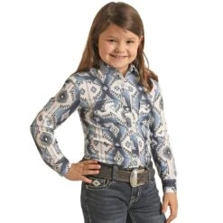 Girl's Rock & Roll Denim Blue Aztec Print Shirt With Snaps