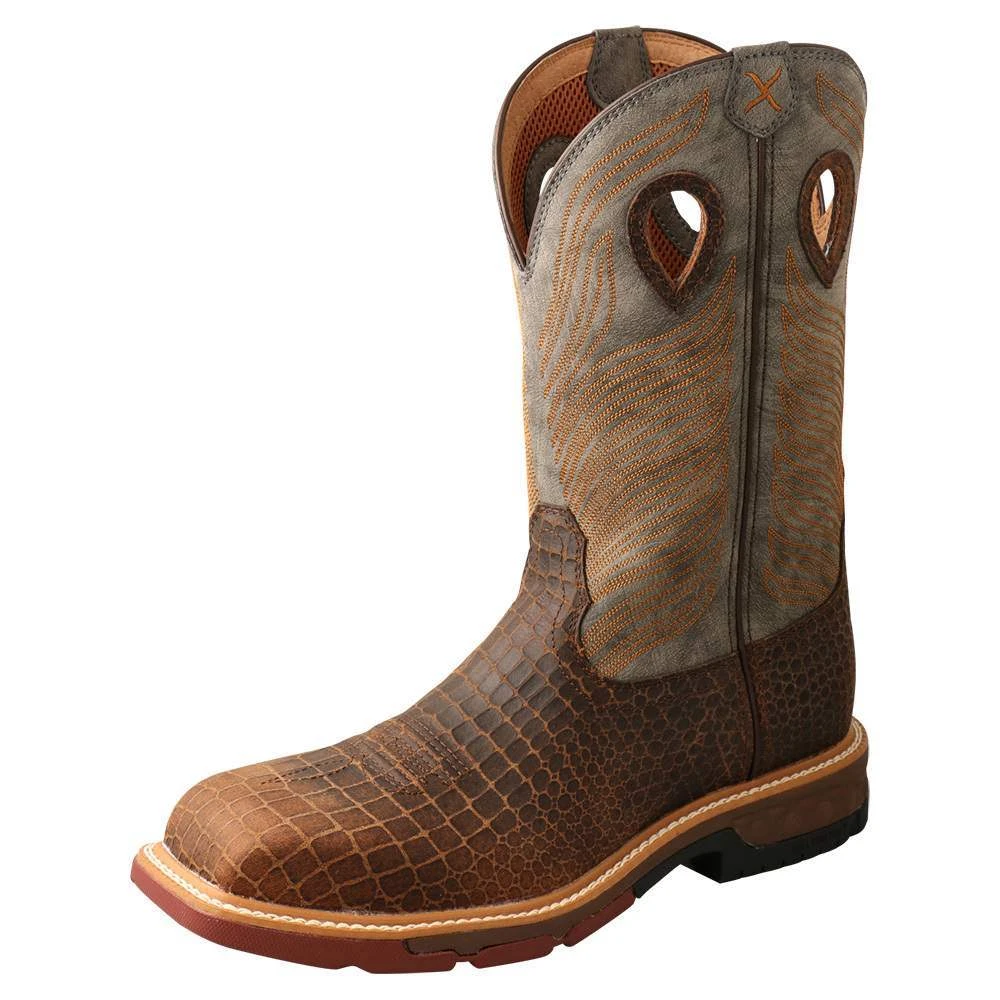 Twisted X Men`s Brown Caiman Print 12in. Grey Top Nano Toe Work Boot 3 Twisted X Men`s Brown Caiman Print 12in. Grey Top Nano Toe Work Boot