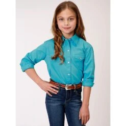 Roper Girl's Turquoise Long Sleeve Pearl Snap Shirt