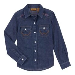 Wrangler Girl's Dark Wash Embroidered Long Sleeve Western Denim Snap Shirt