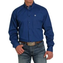Cinch Mens Solid Blue Button Down Long Sleeve Western Shirt