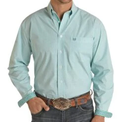 Panhandle Men's Turquoise Micro Stripe Long Sleeve Button Down