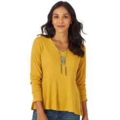 Wrangler Women's Mustard V-Neck Long Sleeve Top