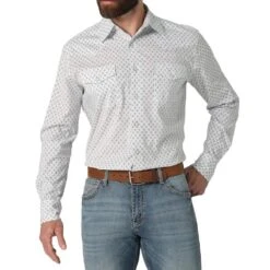 Wrangler Men's 20X Advanced Comfort White Printed Long Sleeve Snap Shirt