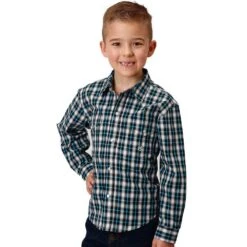 Roper Boy's Teal Plaid Long Sleeve Snap Shirt