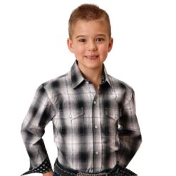 Roper Boy's Black Plaid Long Sleeve Snap Shirt