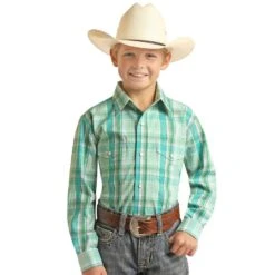 Panhandle Boy's Mint Plaid Two Pocket Snap Shirt