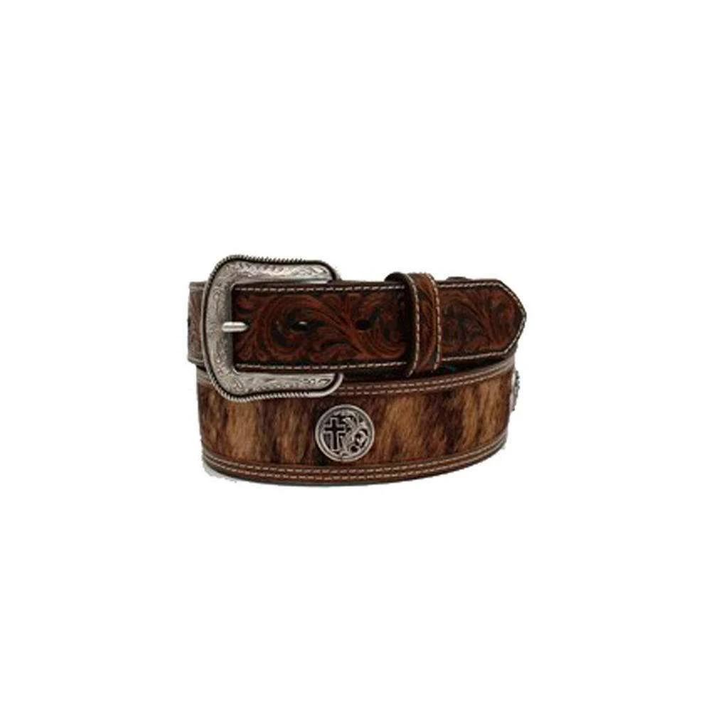 Men's 3D Hair On Hide Belt With Cross Conchos 3 Men's 3D Hair On Hide Belt With Cross Conchos