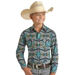 Panhandle Boy's Turquoise Aztec Print Snap Shirt