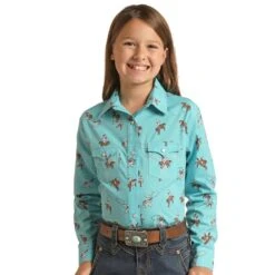 Panhandle Girl's Aqua Print Snap Shirt