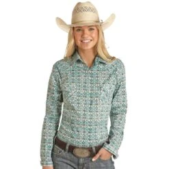 Panhandle Womens Turquoise Ladies Aztec Long Sleeve Snap
