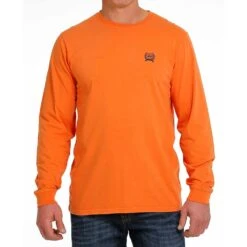 Cinch Mens Orange With Cream And Green Logo Graphic Long Sleeve T-Shirt