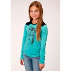 Roper Girls Turquoise Poly/Rayon Bronc Rider L/S Western T-Shirt