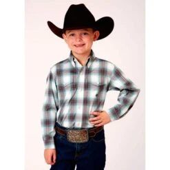 Roper Boys Olive Cotton Blend Stretch Plaid BD L/S Button Shirt