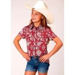 Roper Girls Red Tropics Short Sleeve Pearl Snap