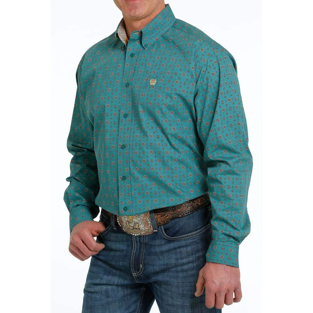 Cinch Mens Geometric Teal Print Button Down Long Sleeve Shirt 3 Cinch Mens Geometric Teal Print Button Down Long Sleeve Shirt