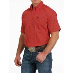Cinch Mens Red With Black Geo Print Short Sleeve Shirt