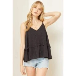 Entro Womens Black Ruffle Trim Cami Top