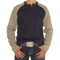 Rasco Fr Men's Khaki/Navy Henley Flame Resistant T-Shirt