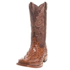 Tanner Mark Boots Men's Rustic Cognac Full Quill Ostrich Print Square Toe Cowboy Boot