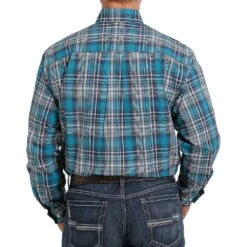 Cinch Men's Teal & Navy Plaid Long Sleeve Shirt -Cinc Clothing Shop MTW1105307 3