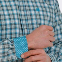 Cinch Men's White & Teal Plaid Long Sleeve Buttondown -Cinc Clothing Shop MTW1105371 3