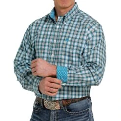 Cinch Men's White & Teal Plaid Long Sleeve Buttondown -Cinc Clothing Shop MTW1105371 4