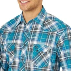 Wrangler Men's Retro Teal Plaid Two Pocket Snap Shirt -Cinc Clothing Shop MV4024Q 3