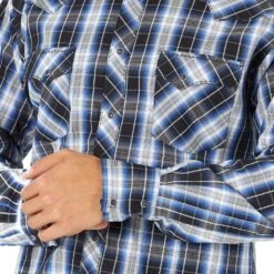 Wrangler Men's Long Sleeve Blue And Black Plaid Snap Shirt 7 Wrangler Men's Long Sleeve Blue And Black Plaid Snap Shirt -Cinc Clothing Shop MVG335X 3