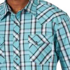 Wrangler Men's Long Sleeve Light Blue Plaid Snap Shirt -Cinc Clothing Shop MVG343Q 3